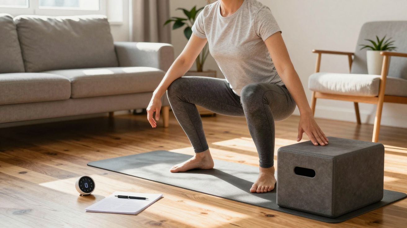 Person doing yoga squats on mat in living room, using a block for support; paper and digital clock nearby.