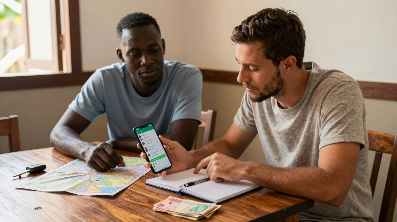 Two men seated at a table, one pointing at a smartphone, surrounded by a map, notebook, and banknotes.