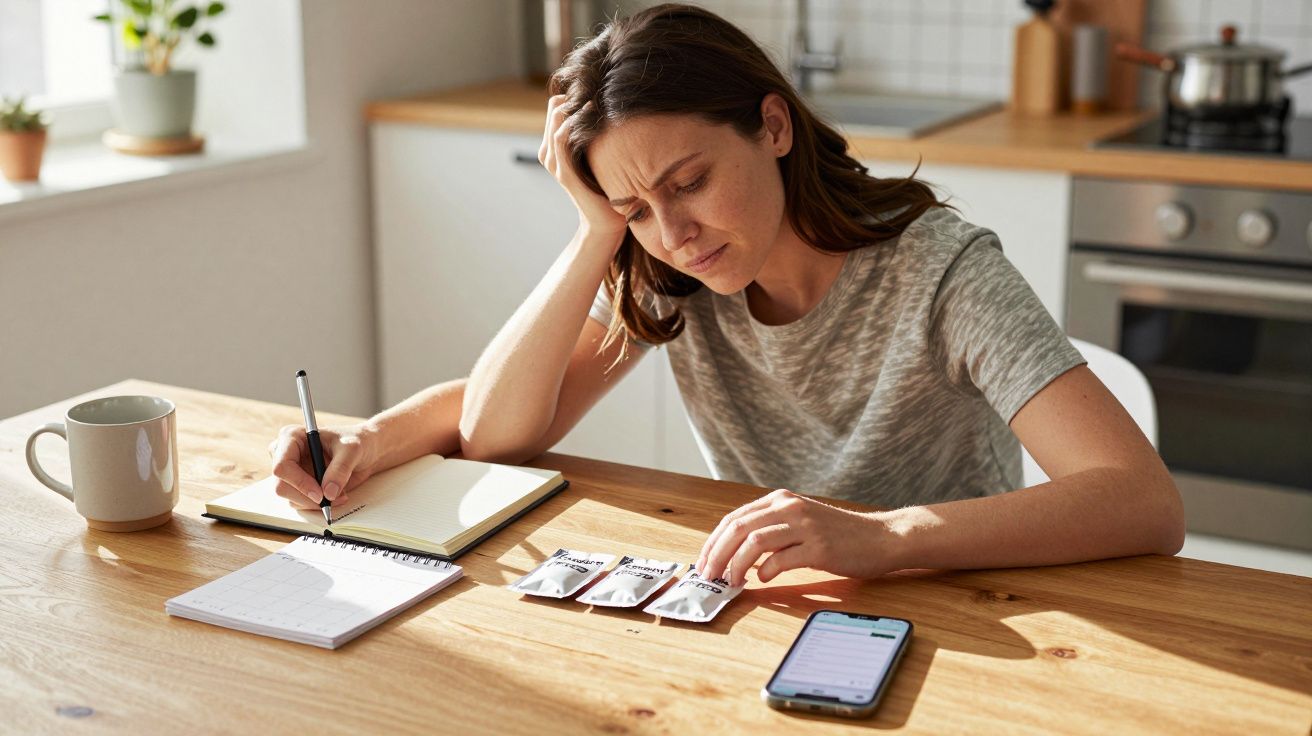 Woman at a kitchen table, writing notes beside packets and a smartphone, appears thoughtful.