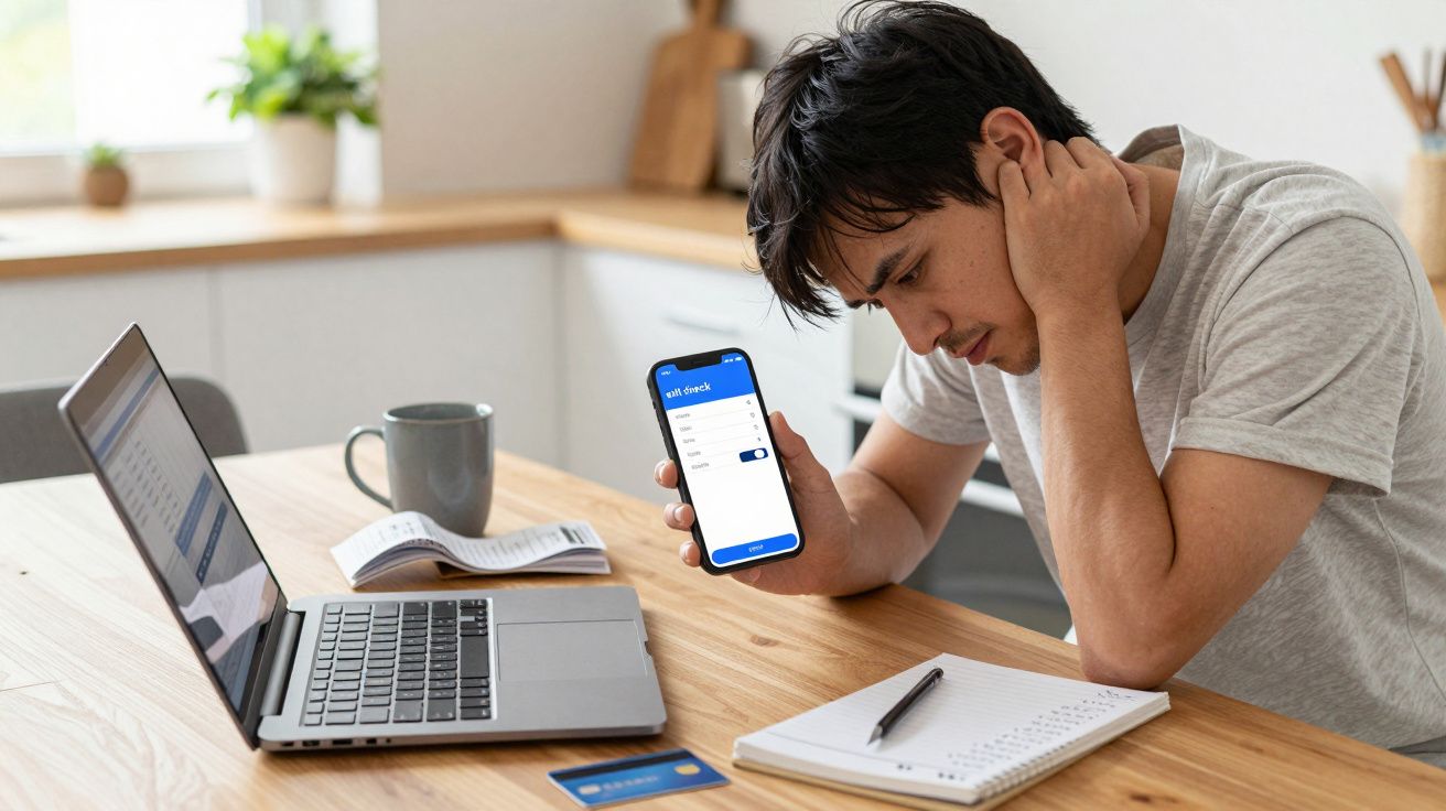 Man stressed, looking at phone with bills, laptop, and notepad on table in kitchen.