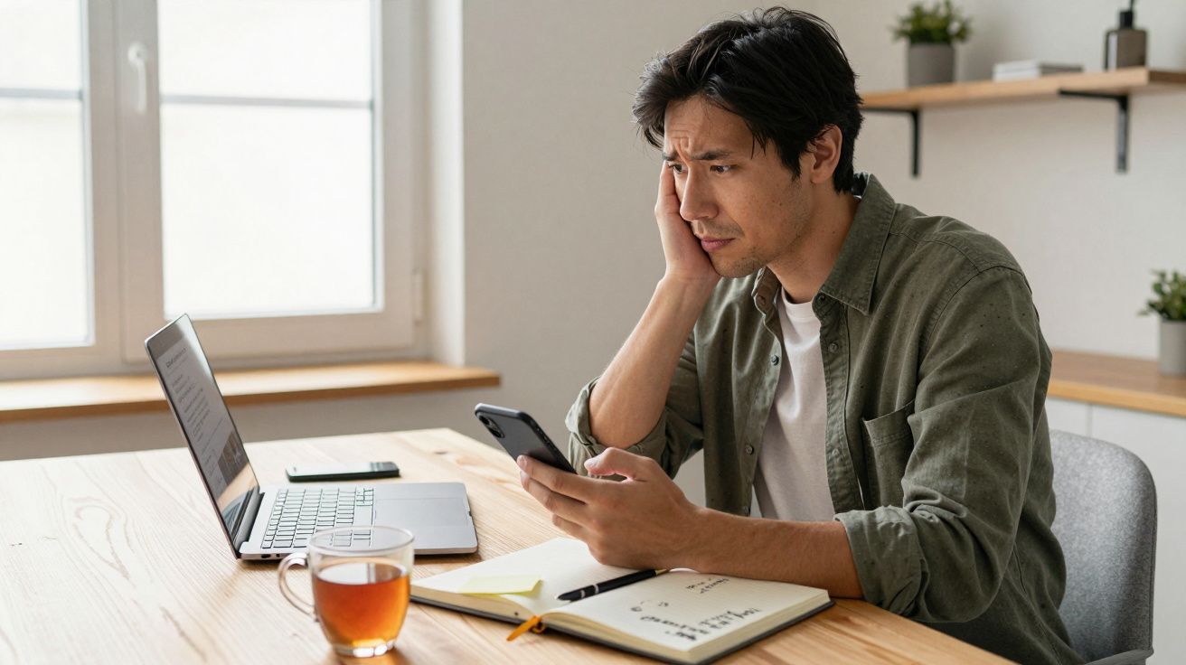 Man at a desk looking concerned at his phone, with a laptop, notebook, and tea on the table.