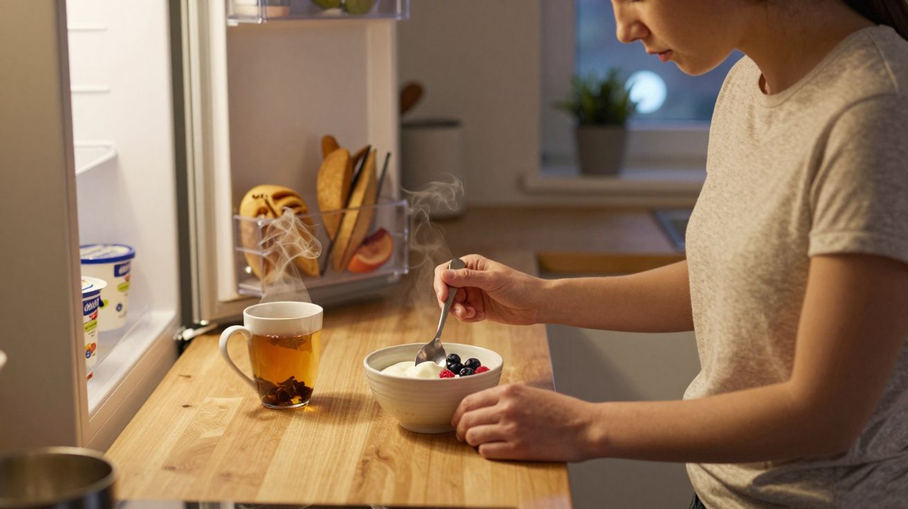 Woman in kitchen enjoying yogurt with berries and a steaming mug of tea, fridge open in background.