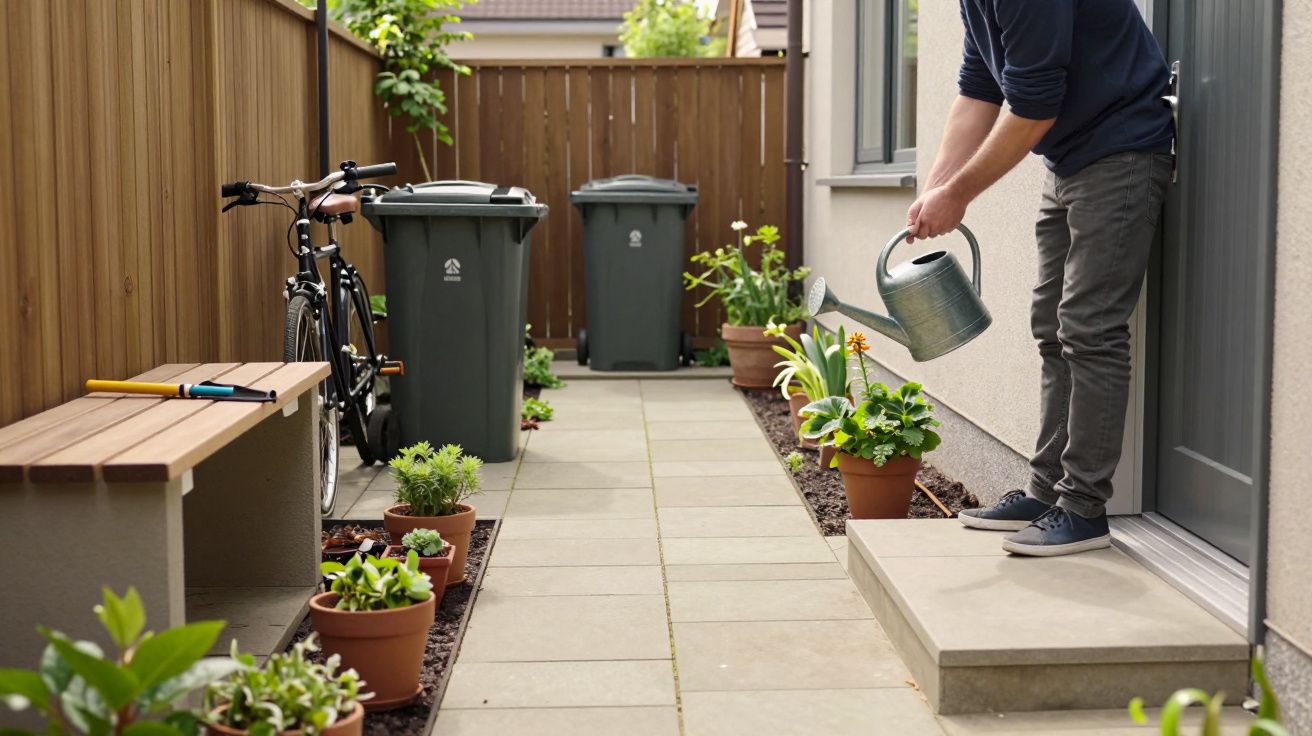 Man watering plants in a tidy, narrow patio with potted plants, bins, and a bicycle against a wooden fence.