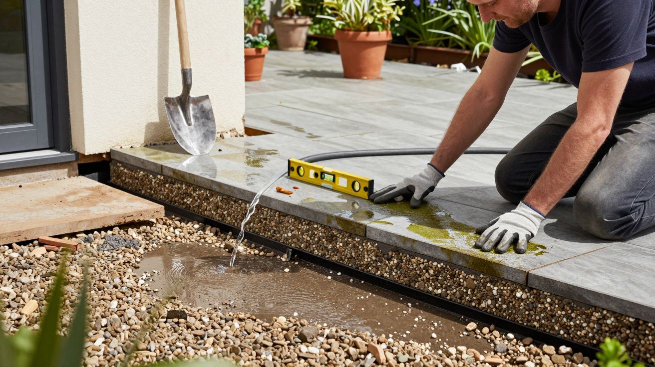 Person wearing gloves checks water level on patio using a spirit level, surrounded by plants and garden tools.