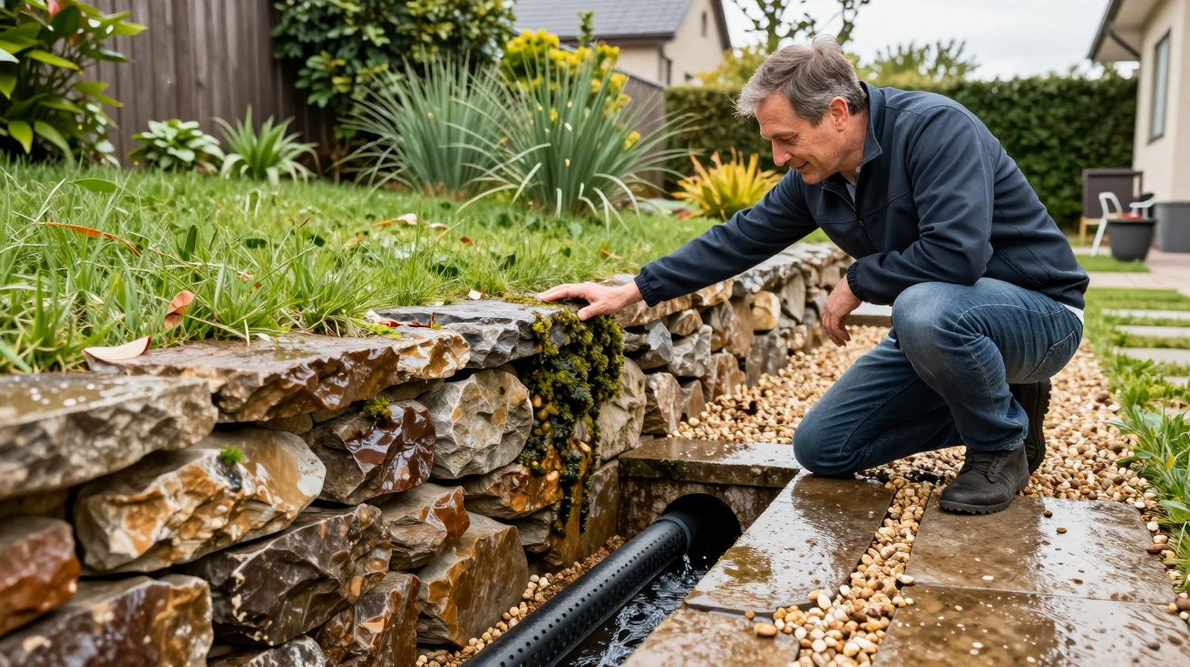 Man examining water drainage system in a garden with rocks and plants, ensuring efficient water flow.