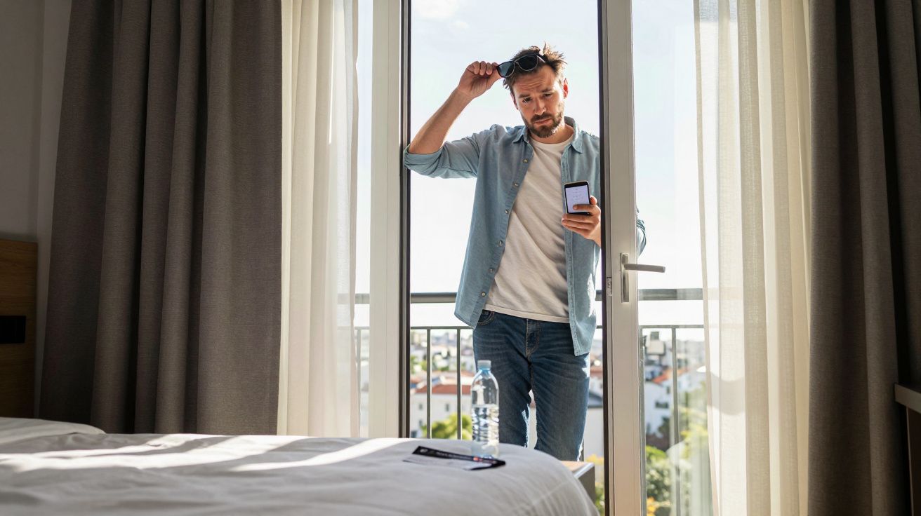 Man on balcony with smartphone, wearing sunglasses, stands by open glass door with a view of city rooftops.