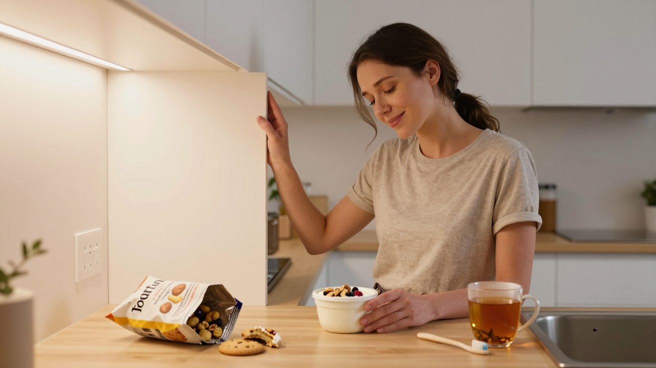 Woman enjoying a bowl of cereal next to a tea and snacks in a modern kitchen setting.