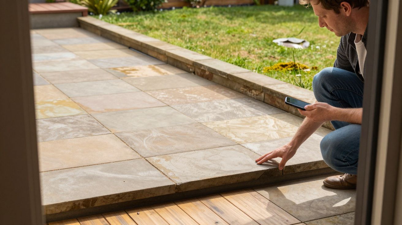 Man kneeling, inspecting wet patio tiles with a smartphone, adjacent to a lawn, through an open door.