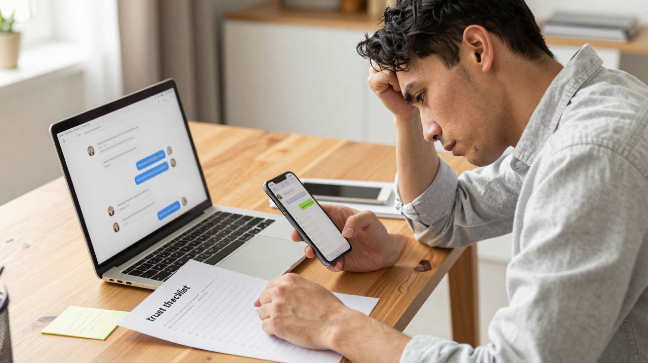 Man looking at smartphone next to laptop, appearing concerned, with documents and sticky notes on the table.