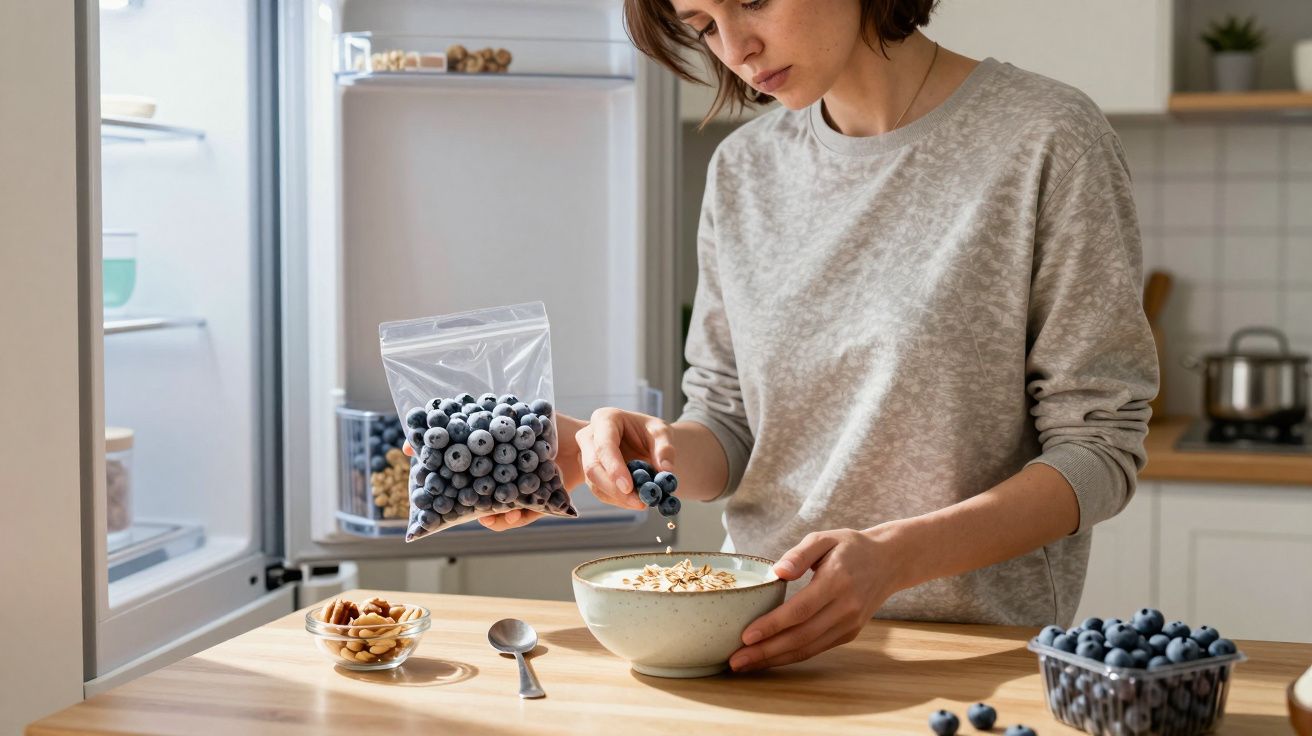 Person adds blueberries to a bowl of cereal in a kitchen, standing near an open fridge, with nuts and more berries nearby.