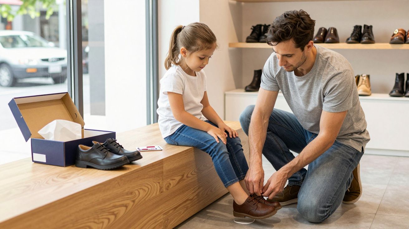 Man helps a young girl try on shoes in a shop, surrounded by shoe boxes, with shelves of shoes in the background.