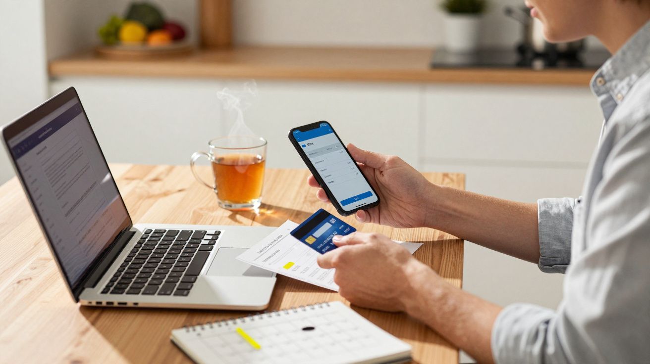 Person using phone and laptop at a wooden desk with tea, calendar, credit card, and documents.
