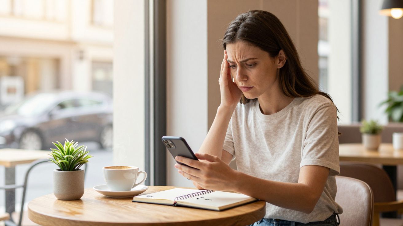 Concerned woman looking at phone in café, with coffee and notebook nearby.