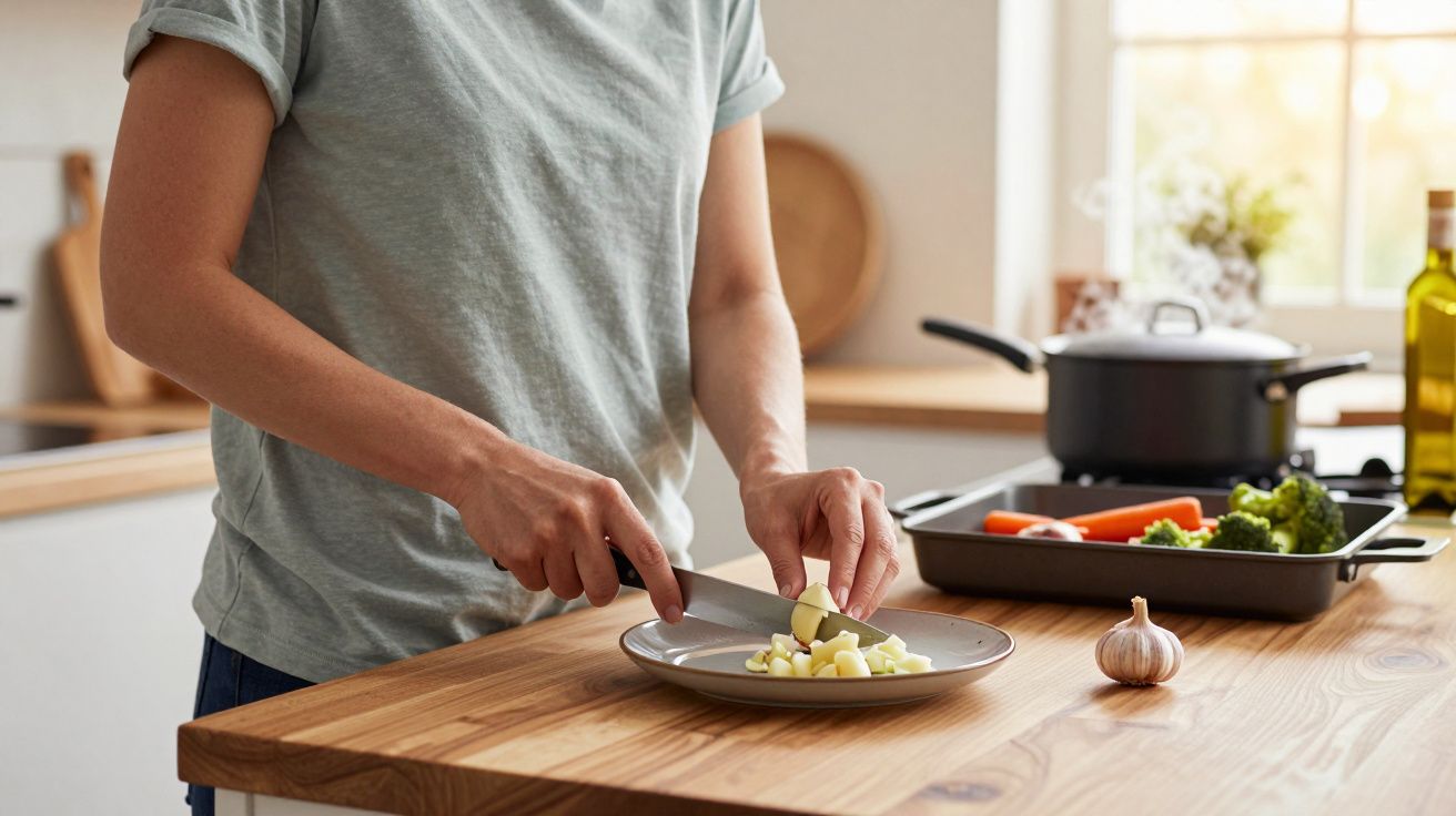Person chopping vegetables on a kitchen counter near a pot and tray with broccoli and carrots.