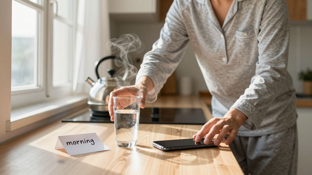 Person in pyjamas holding steaming glass, phone on a counter with "morning" card, kettle in the background.