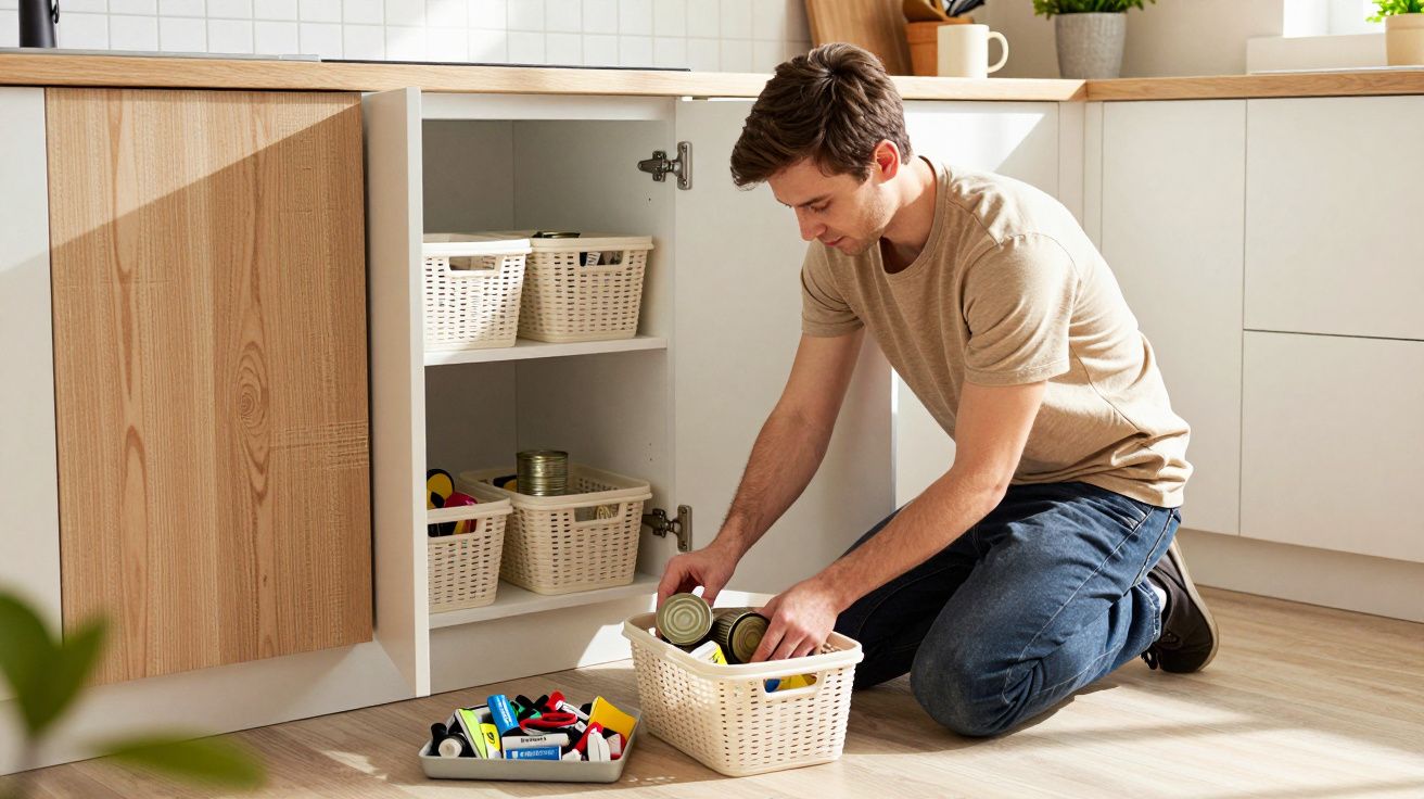 Man organizing kitchen cupboard with baskets, kneeling on floor.