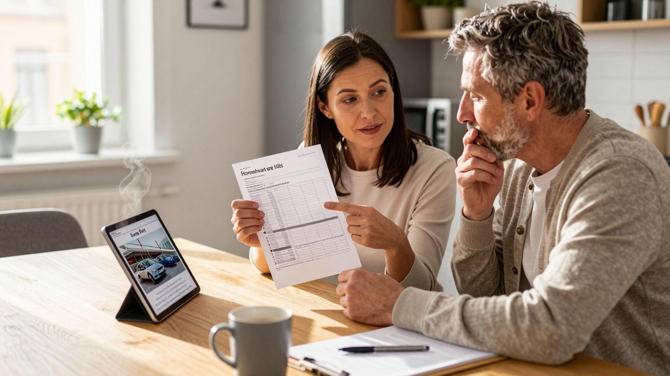 Woman and man discussing a document at a table with a tablet and a steaming mug beside them.