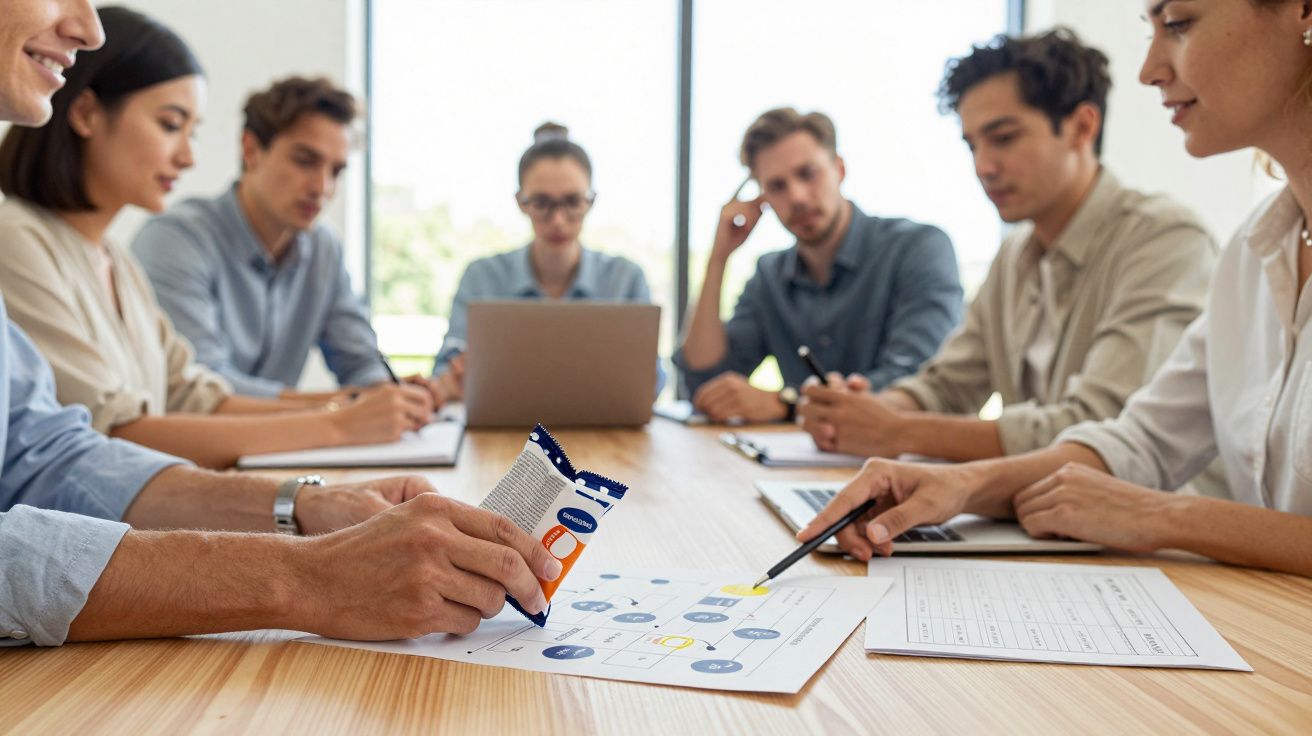 Group of people in a meeting room discussing documents and graphs on a wooden table.