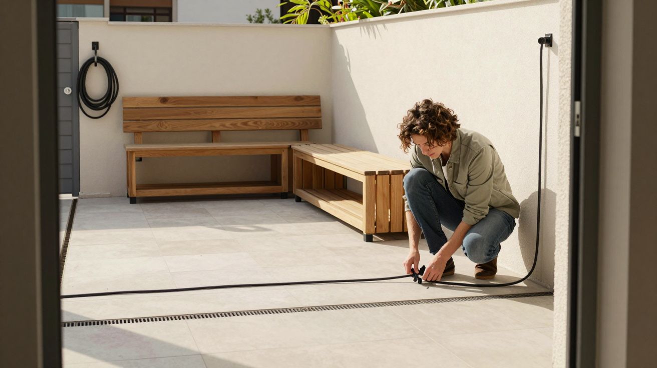 Person kneeling on a tiled patio, adjusting a black garden hose, with wooden benches against a wall in the background.