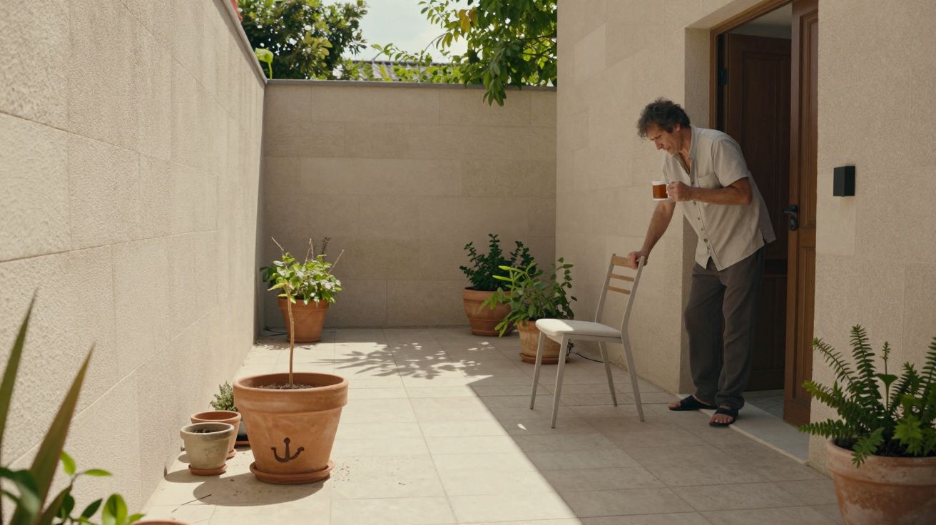 Man with mug moves chair in sunny patio with pot plants.