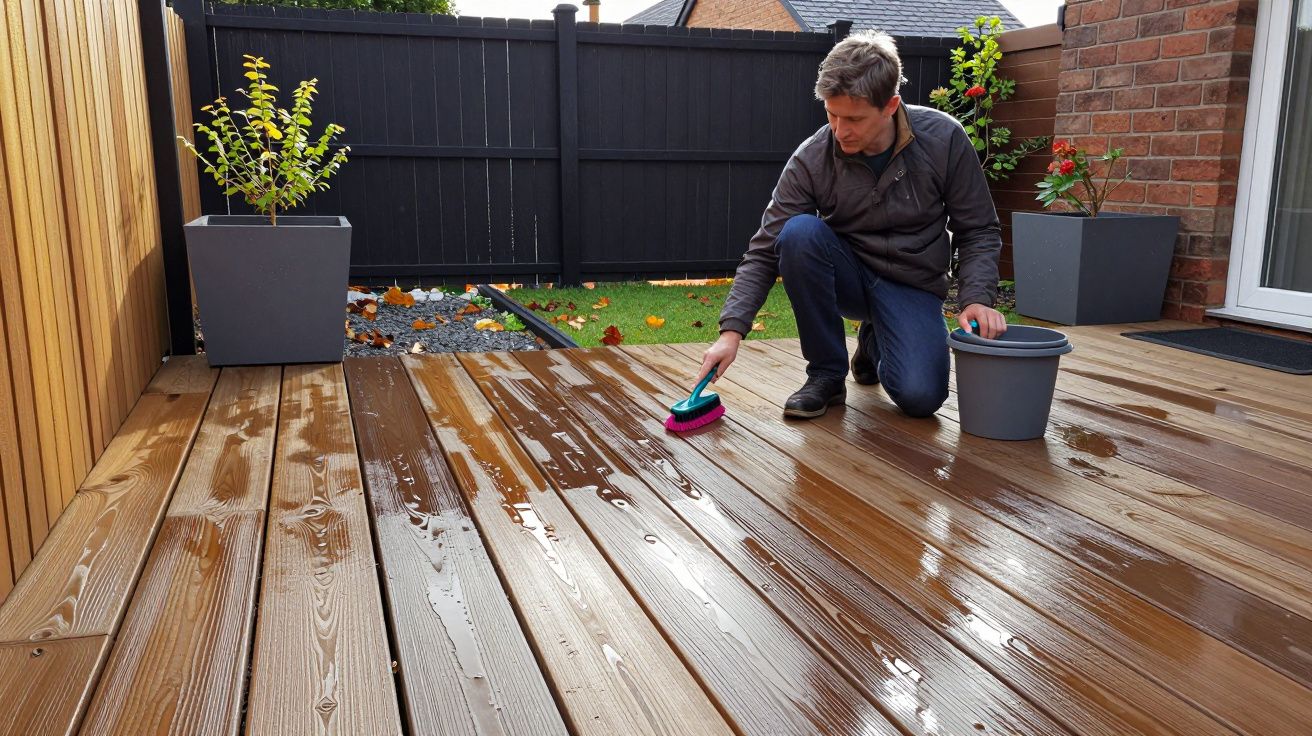 Man scrubs wet wooden decking with a brush next to a bucket, surrounded by plants and a black fence.