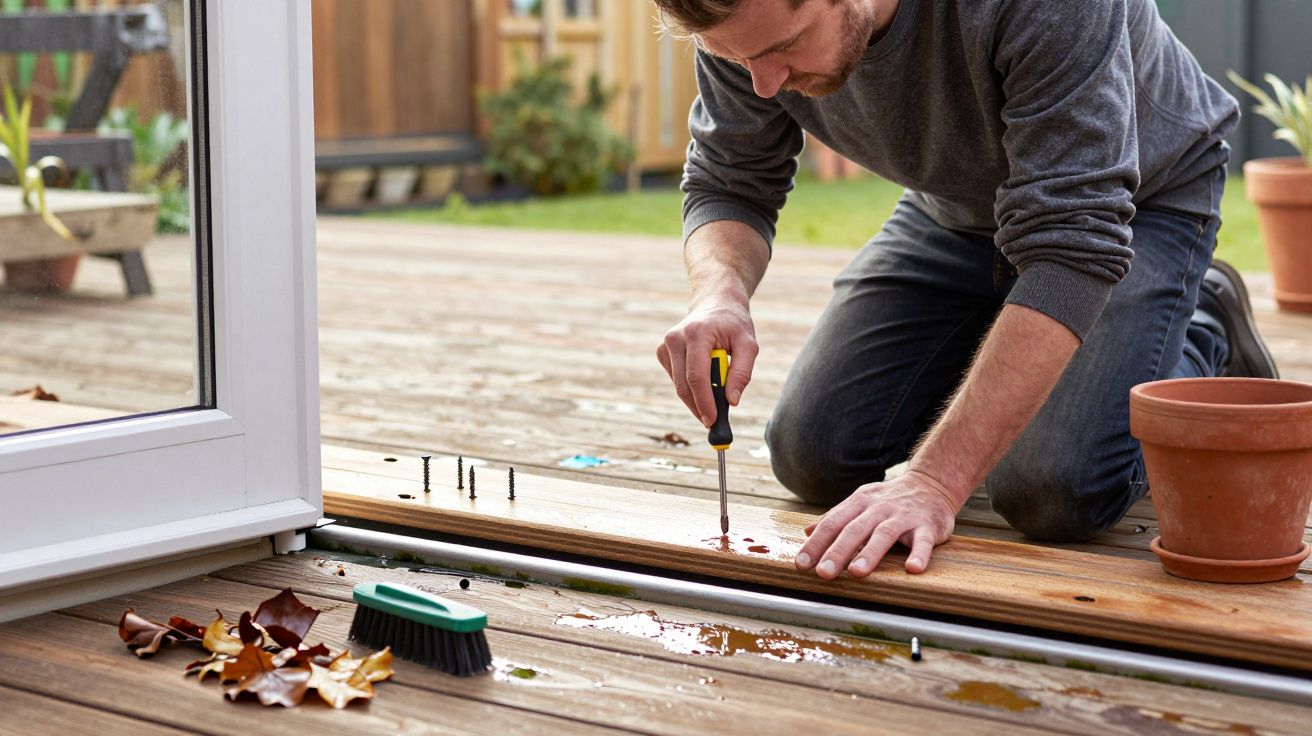 Man kneels on wooden deck, using a screwdriver to secure a plank, surrounded by autumn leaves and tools.