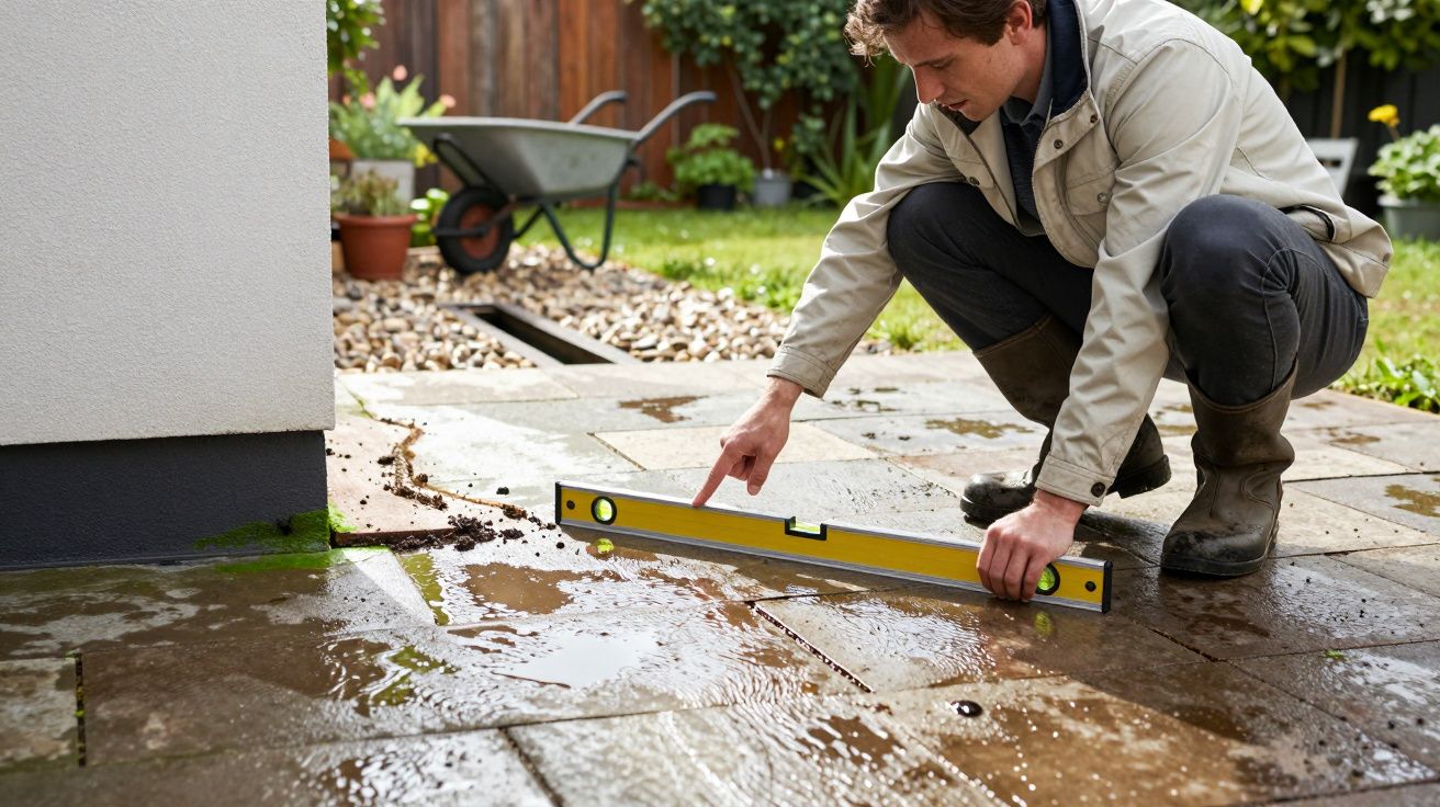 Man kneeling, using a spirit level on wet patio slabs outside a house, with a wheelbarrow in the background.