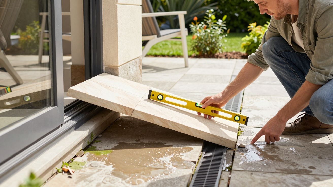 Man using a spirit level to adjust a patio slab near a water drain outside a house.