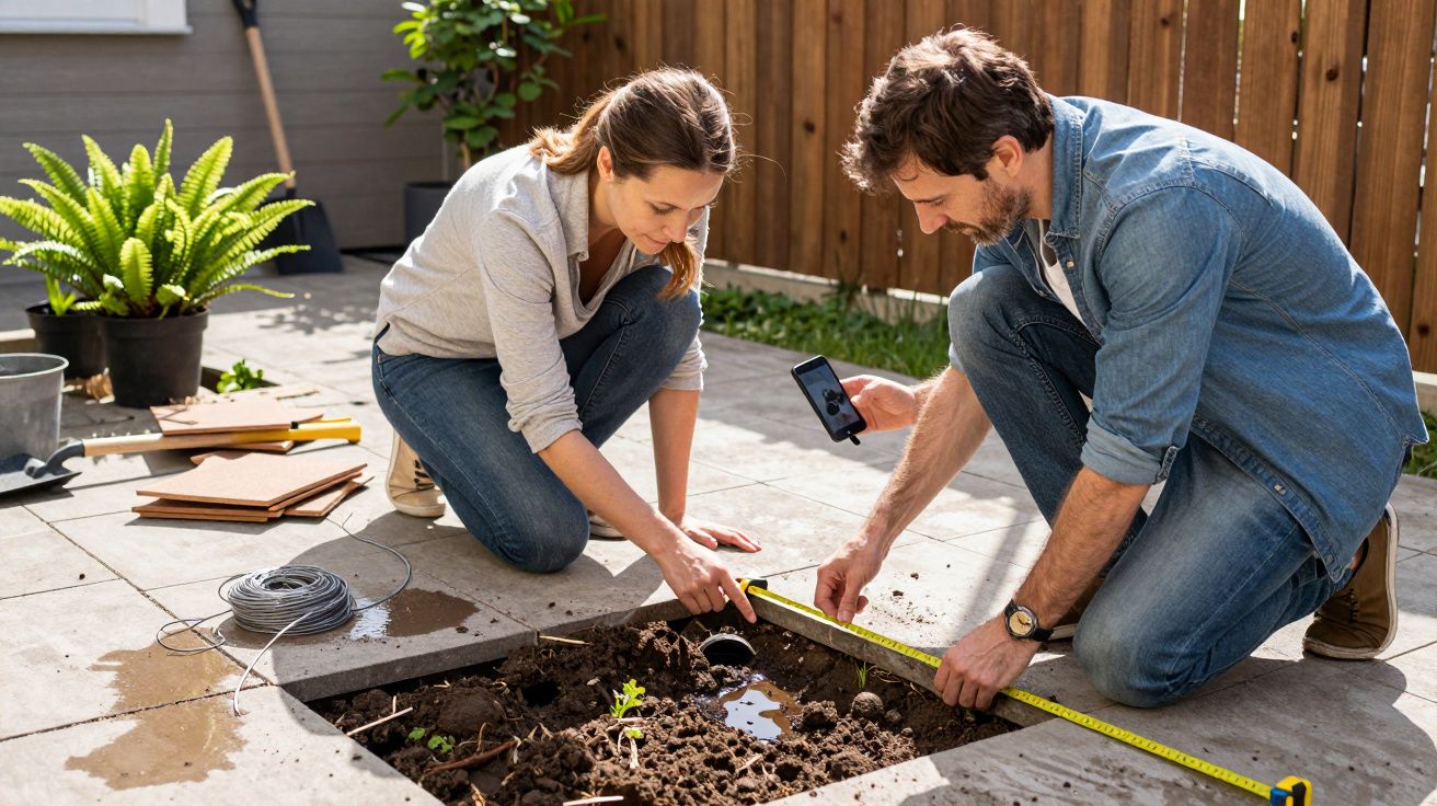 Two people measuring a garden bed with a tape measure, surrounded by gardening tools and plants.
