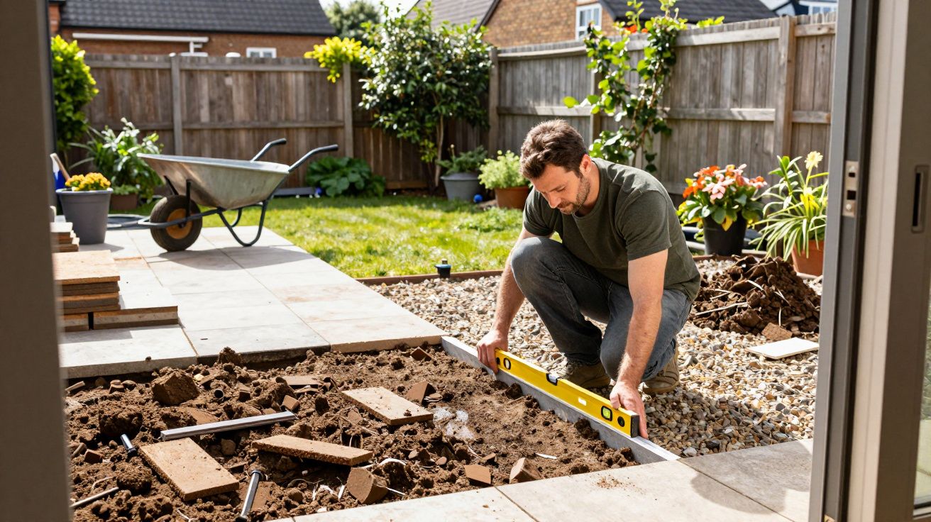 Man using a spirit level to prepare a garden path; wheelbarrow and plants visible; sunny day.