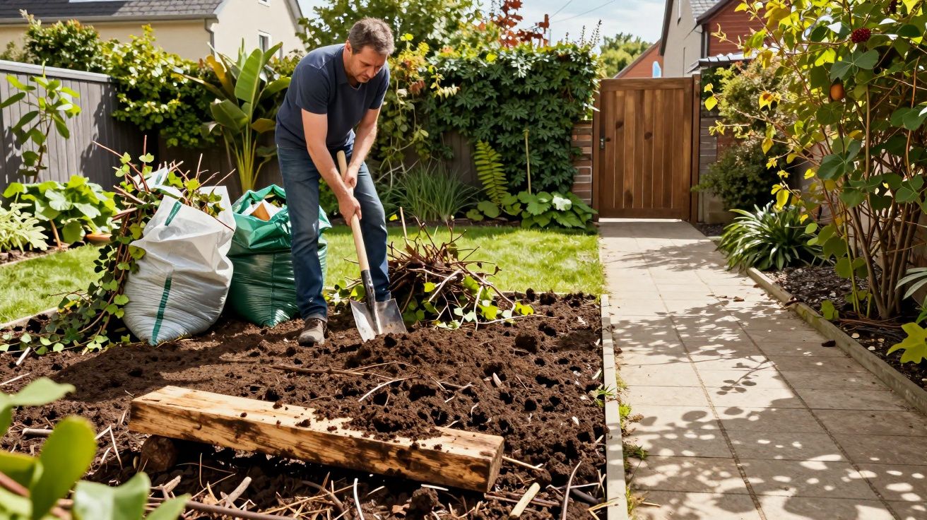 Man digging soil in a garden with a shovel, surrounded by plants, a wooden gate in the background, and a pathway.