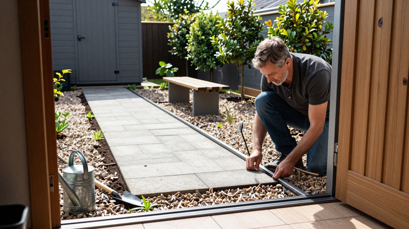 Man kneeling, adjusting garden path edging, surrounded by gravel and plants, with a wooden bench and shed in the background.