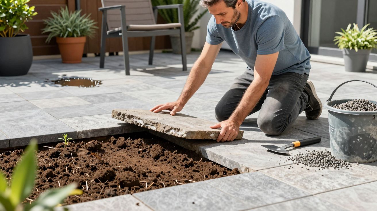 Man laying a stone tile on a patio with gardening tools and a bucket nearby.