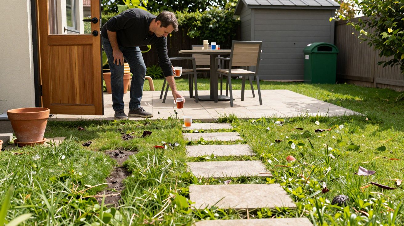 Man placing pints on garden path outside; patio with chairs and table in background near a shed.