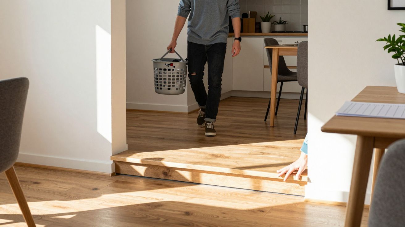 Person carrying a laundry basket in a sunlit room with wooden floor, a table, chairs, and a plant visible in the background.