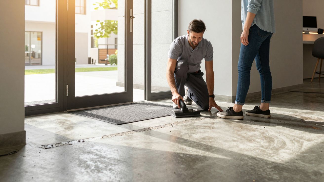 Man kneeling on concrete floor, using a tool, while woman stands nearby in a bright modern room with large windows.
