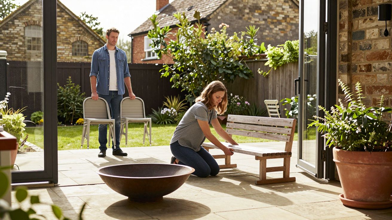A woman arranges an outdoor bench while a man carries chairs in a sunny garden patio next to a brick house.