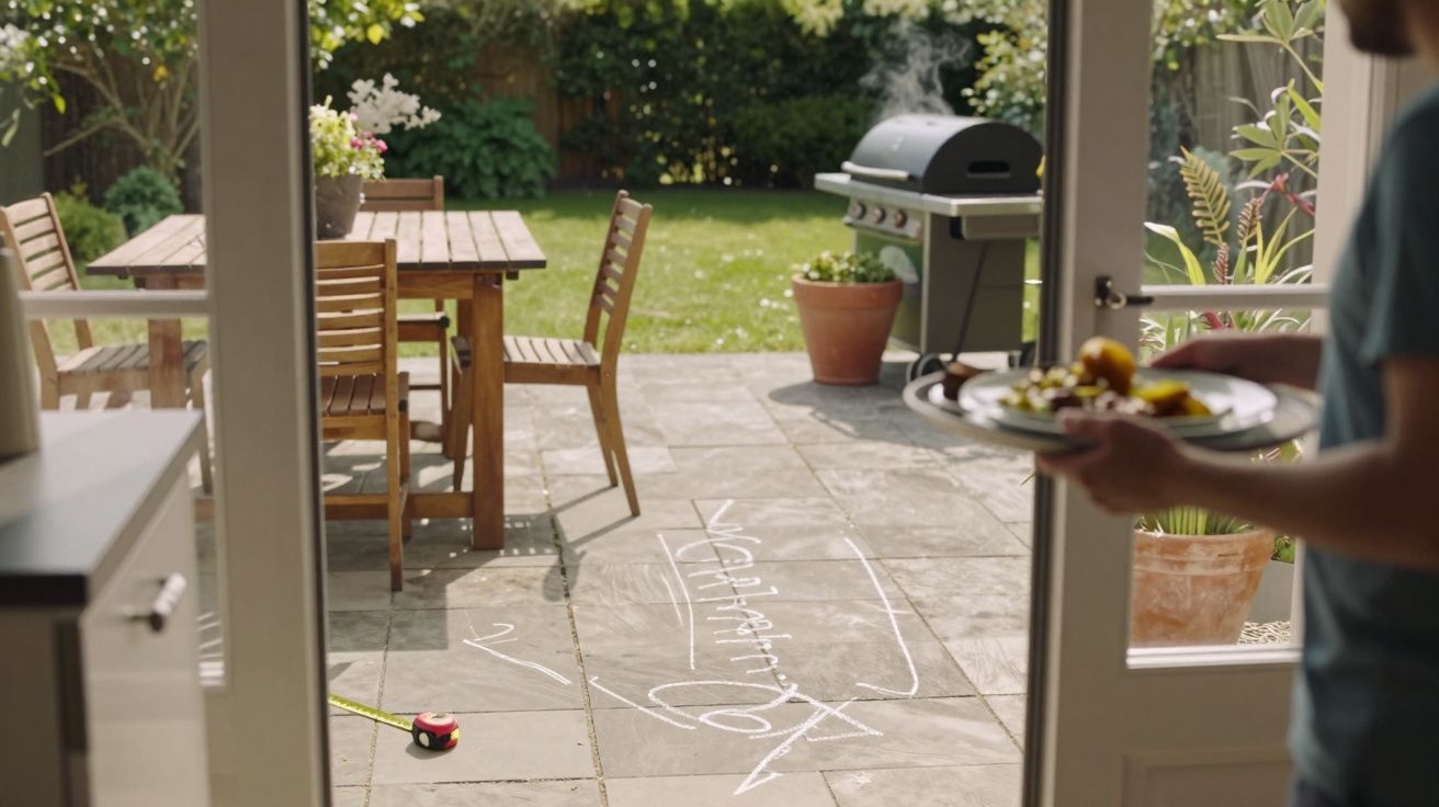 Patio with chalk drawings, a barbecue grill smoking, wooden table and chairs, viewed from a doorway.
