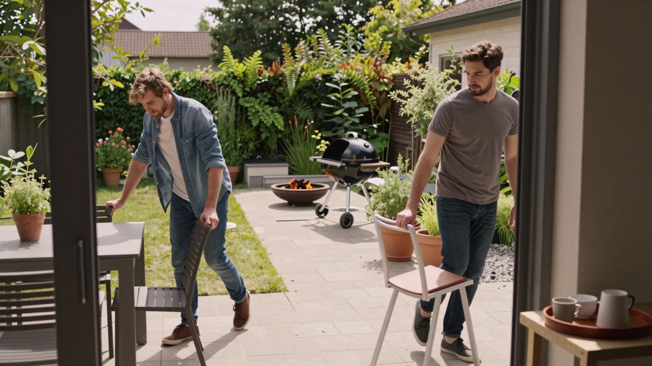 Two men set up chairs in a sunny garden near a barbecue grill, surrounded by lush greenery and potted plants.