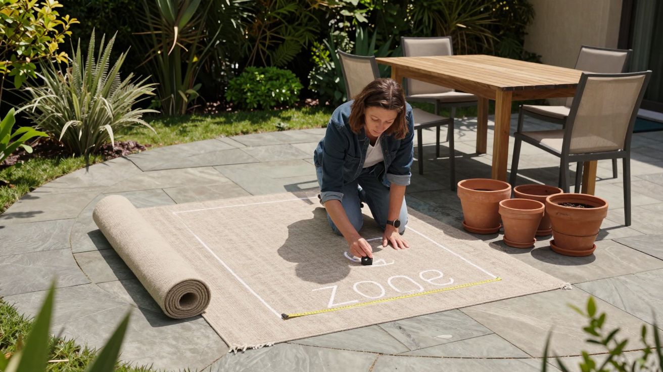 Woman kneeling on patio, drawing on a rolled-out rug labeled "Zone" with pots and outdoor table in background.