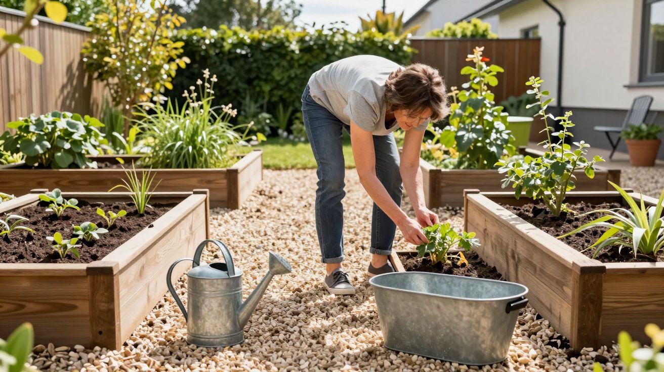 Person gardening in a sunny garden with raised beds, surrounded by gravel, watering can, and bucket nearby.