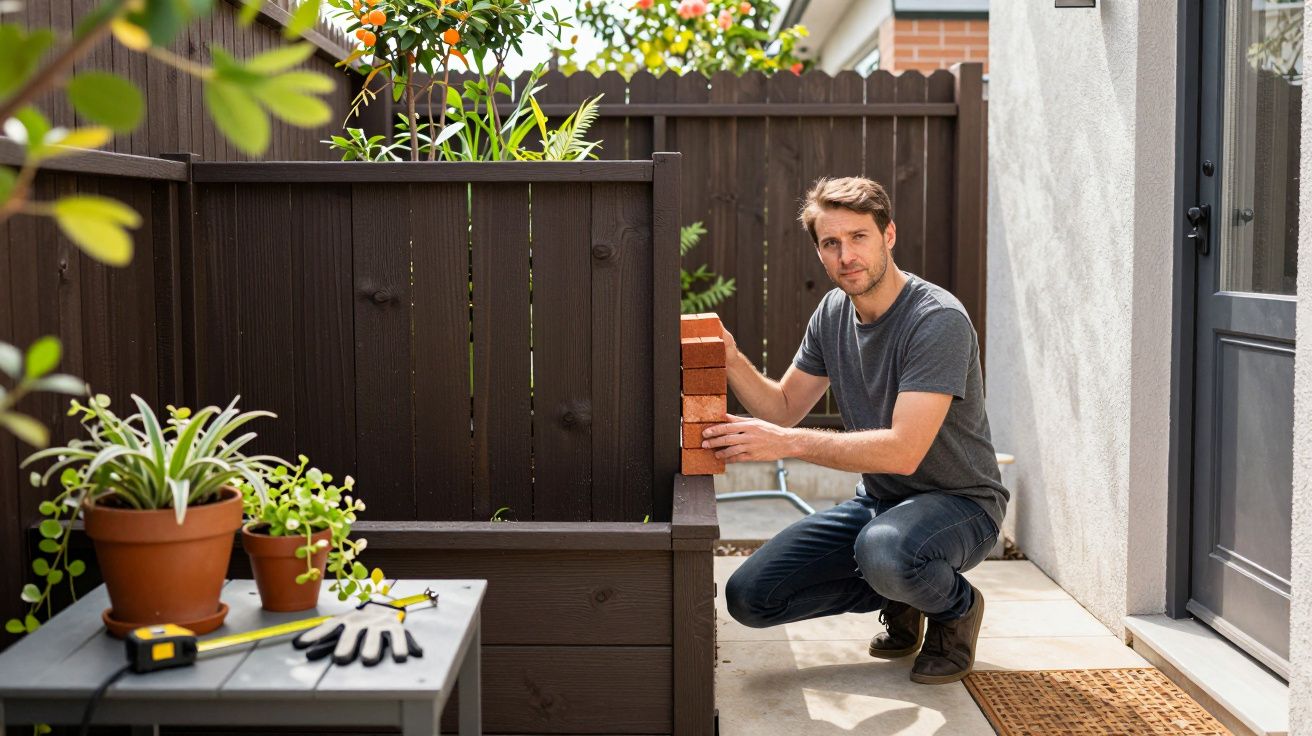Man in grey shirt stacking red bricks in a garden, surrounded by plants and tools on a table beside a wooden fence.