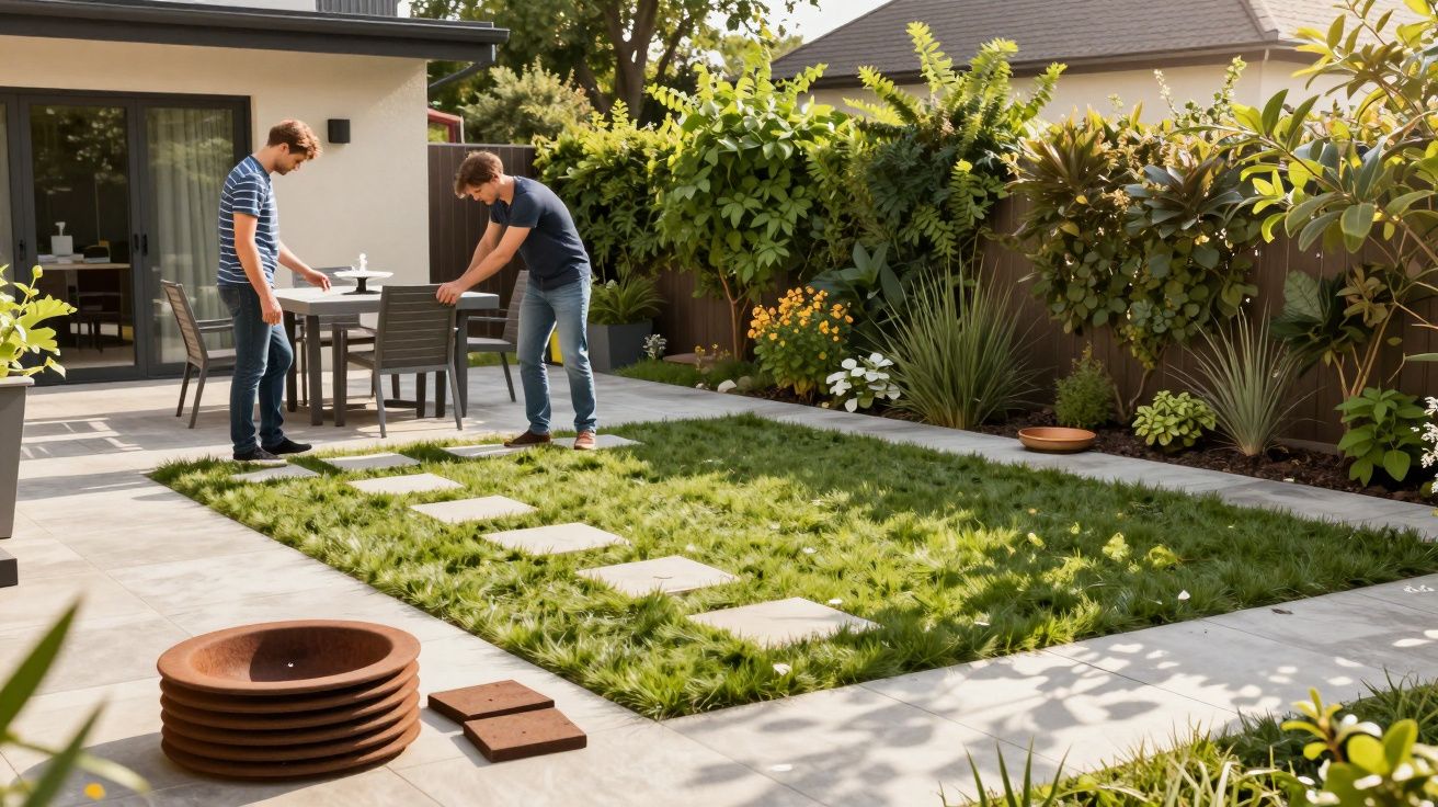 Two people arranging stepping stones on a lawn in a modern backyard garden with patio furniture and greenery.