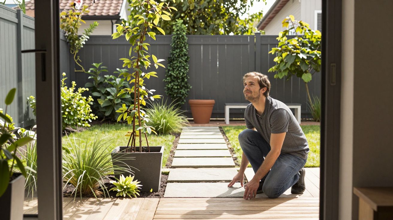 Man kneeling on a stone path in a well-kept garden, surrounded by greenery and potted plants.