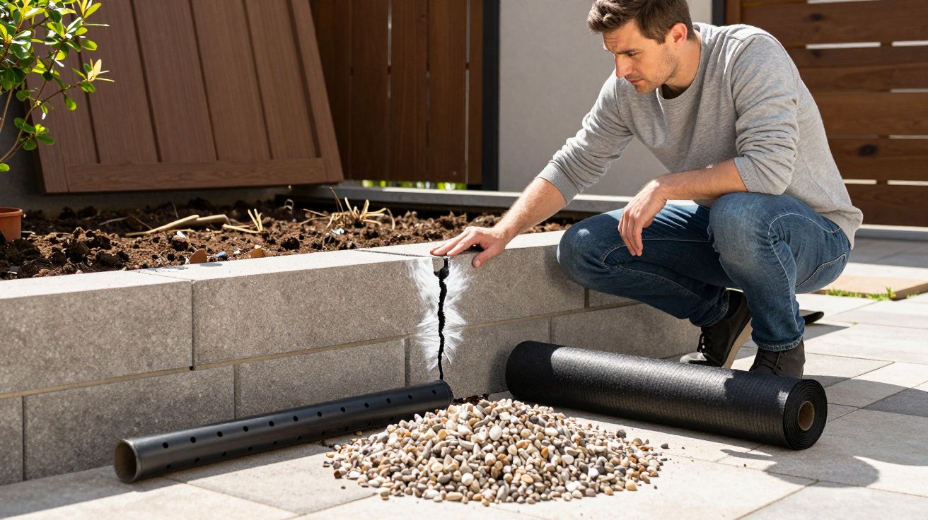 Man examining a cracked retaining wall with drainage pipes and gravel beside him.