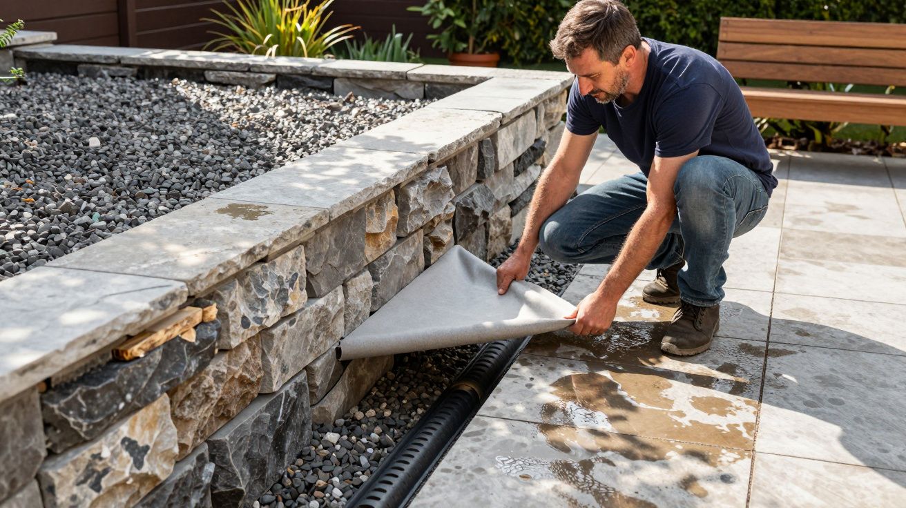 Man installing a drainage system beside a stone wall in a garden, using a protective fabric cover.