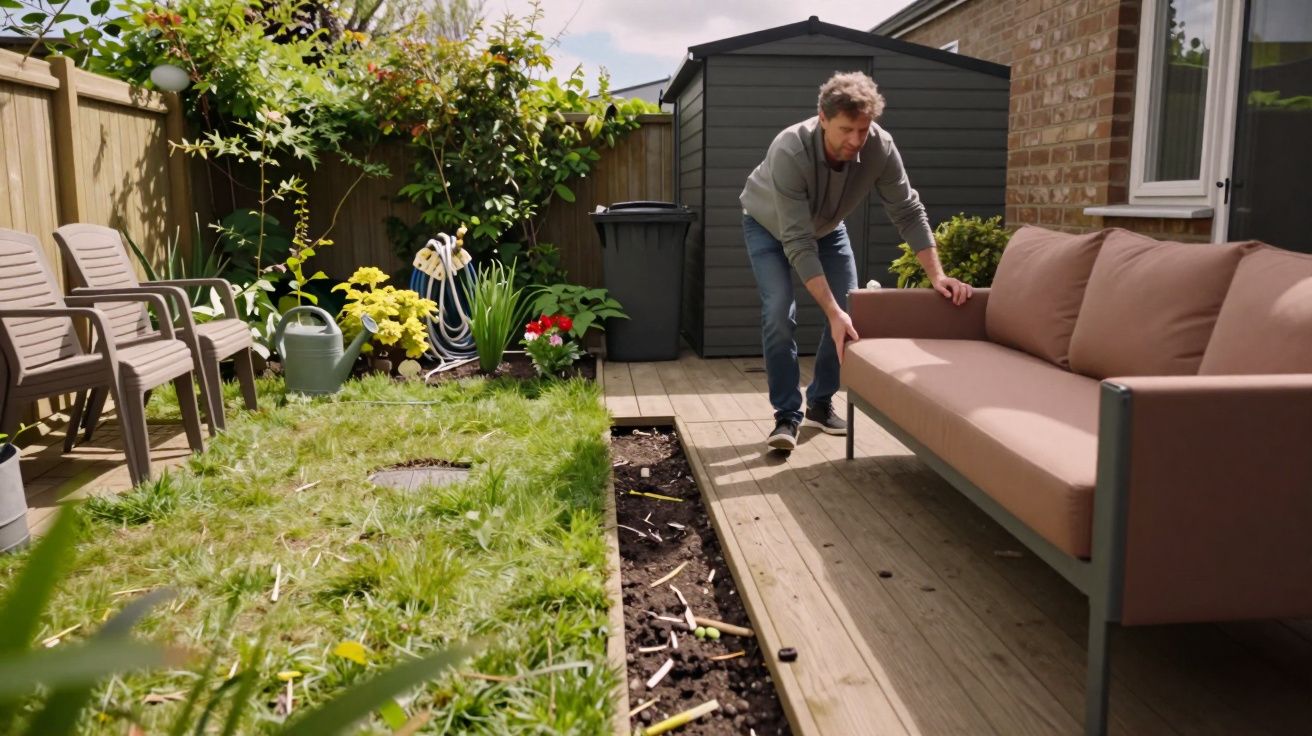 Man adjusting outdoor sofa on wooden decking in garden with plants, shed, and patio chairs.