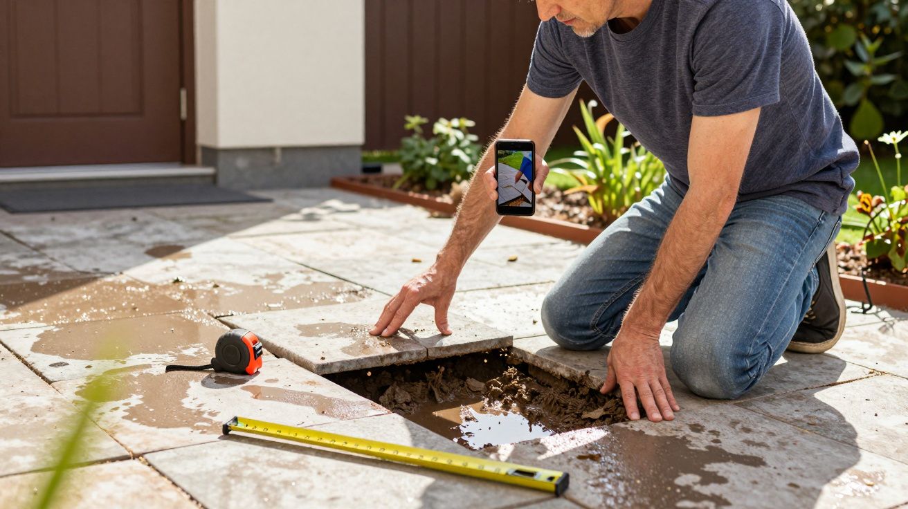 Man fixing patio tiles, kneeling on wet ground, holding a smartphone. Tape measure and level beside him.