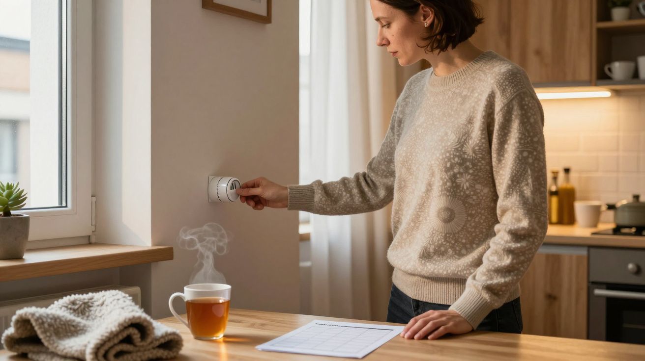Woman adjusting thermostat in kitchen with a cup of steaming tea and a blanket on the counter nearby.