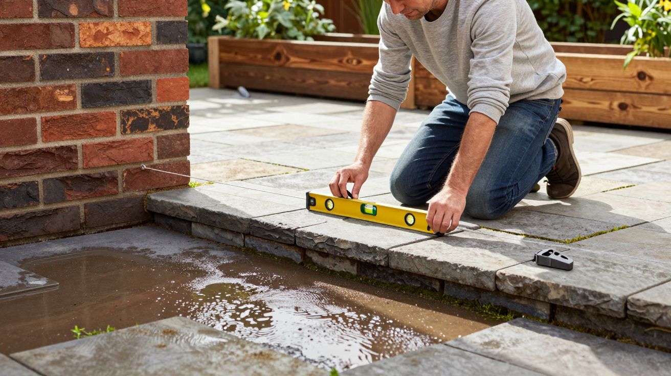 Man using a spirit level to check a wet stone patio near a brick wall.